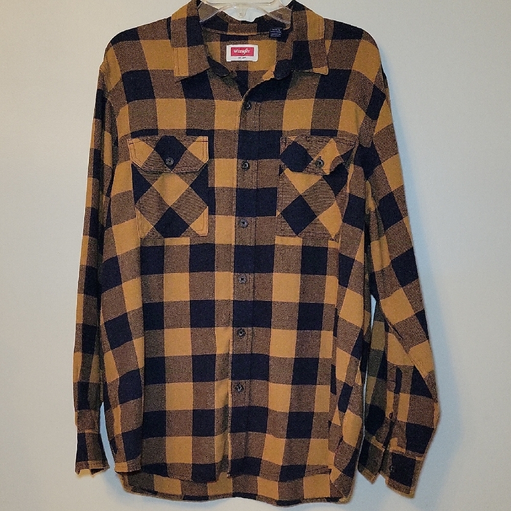 Wrangler Mens Flannel Shirt L Yellow Navy Blue Plaid Button Down